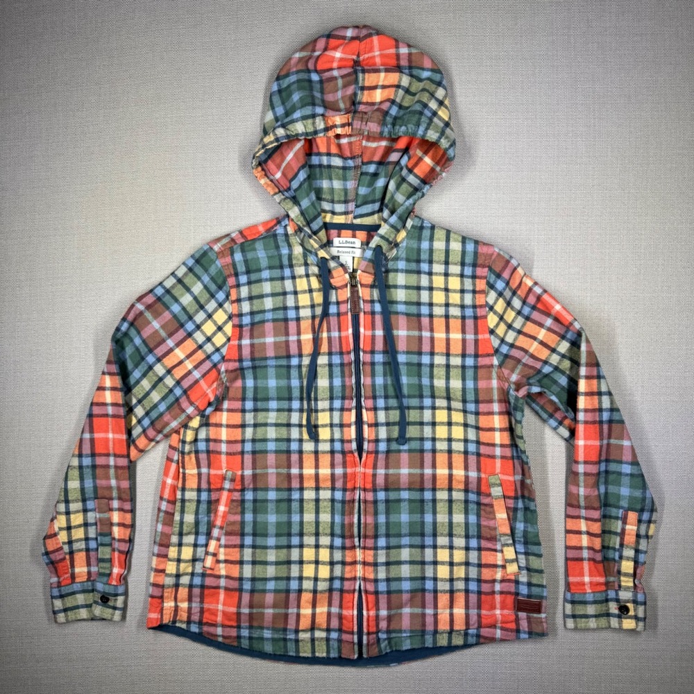 L.L. Bean Womens Scotch Plaid Flannel Full Zip Hoodie Size Small Petite Red
